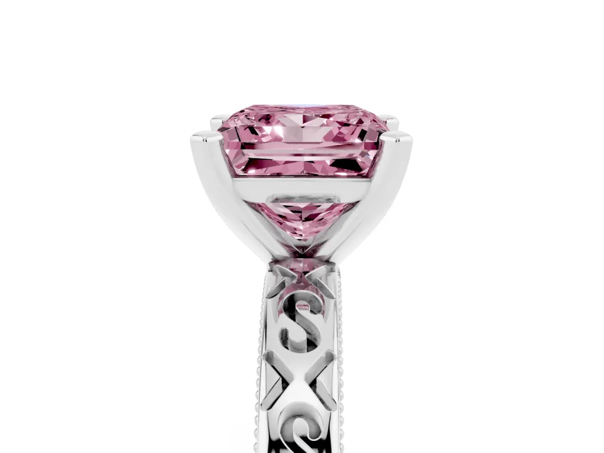 Fancy Pink Princess Cut Solitaire Engagement Ring with Scrollwork Band and Four-Prong Setting Silver