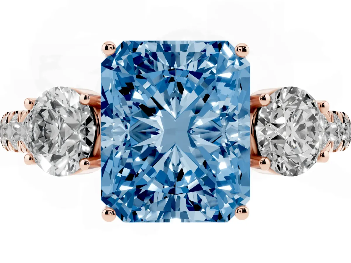 Fancy Blue Radiant Cut Cut Diamond Three-Stone Ring with Round Side Stones and Pavé Band Rose gold