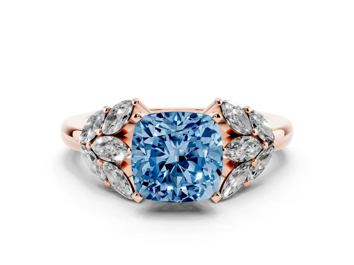 Fancy Blue Cushion Cut Diamond Cluster Leaf Design Ring with Prong Setting Rose gold