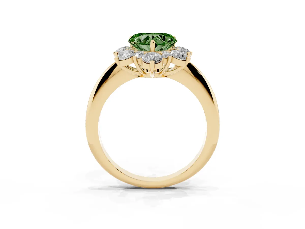 Fancy Green Heart Cut Diamond Cluster Halo Ring with Solitaire Band and Four-Prong Setting Yellow gold