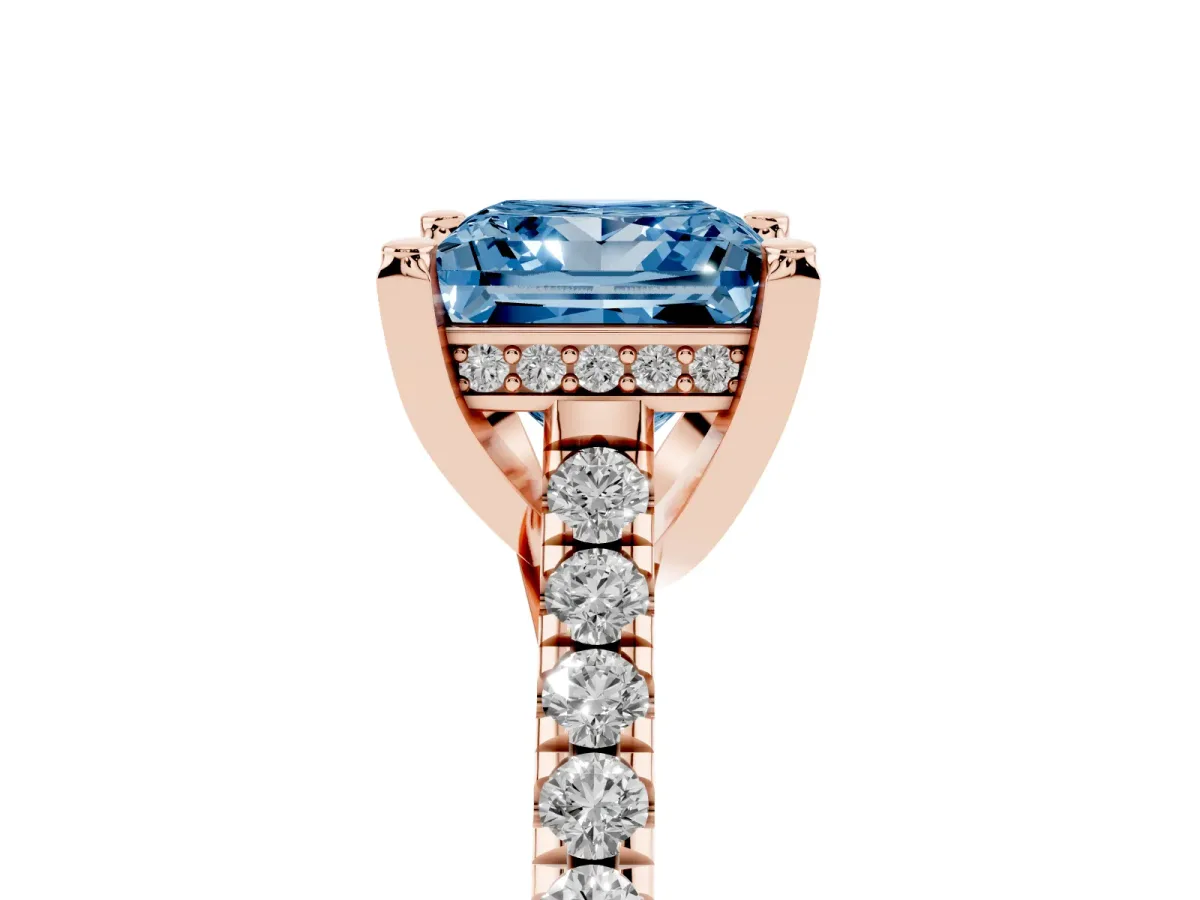 Fancy Blue Princess Cut Brilliant Diamond Solitaire with Pavé Band and Four-Prong Setting Rose gold