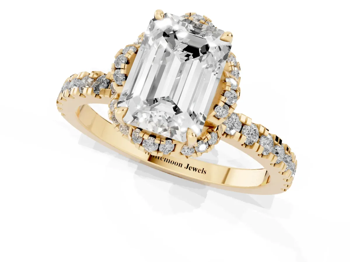 Emerald Cut Halo Diamond Pave Band Ring with Four-Prong Setting Yellow gold