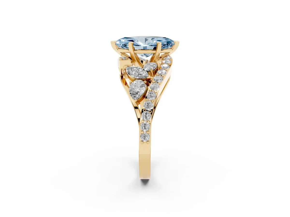 Fancy Blue Marquise Cut Diamond Halo Ring with Marquise and Pavé Band in Prong Setting Yellow gold