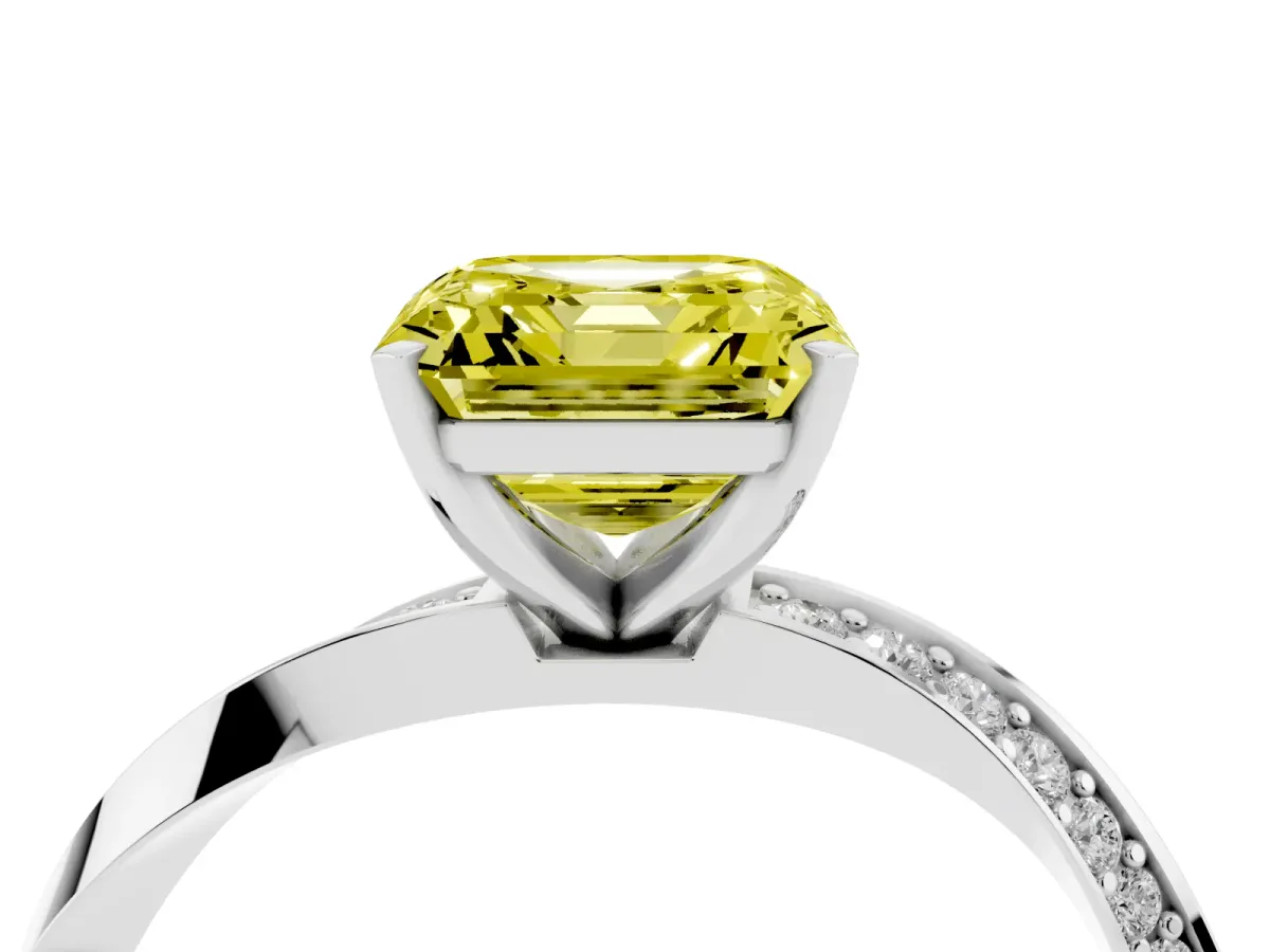 Fancy Yellow Asscher Cut Diamond Engagement Ring with Side Stone Accents and Four-Prong Setting Silver