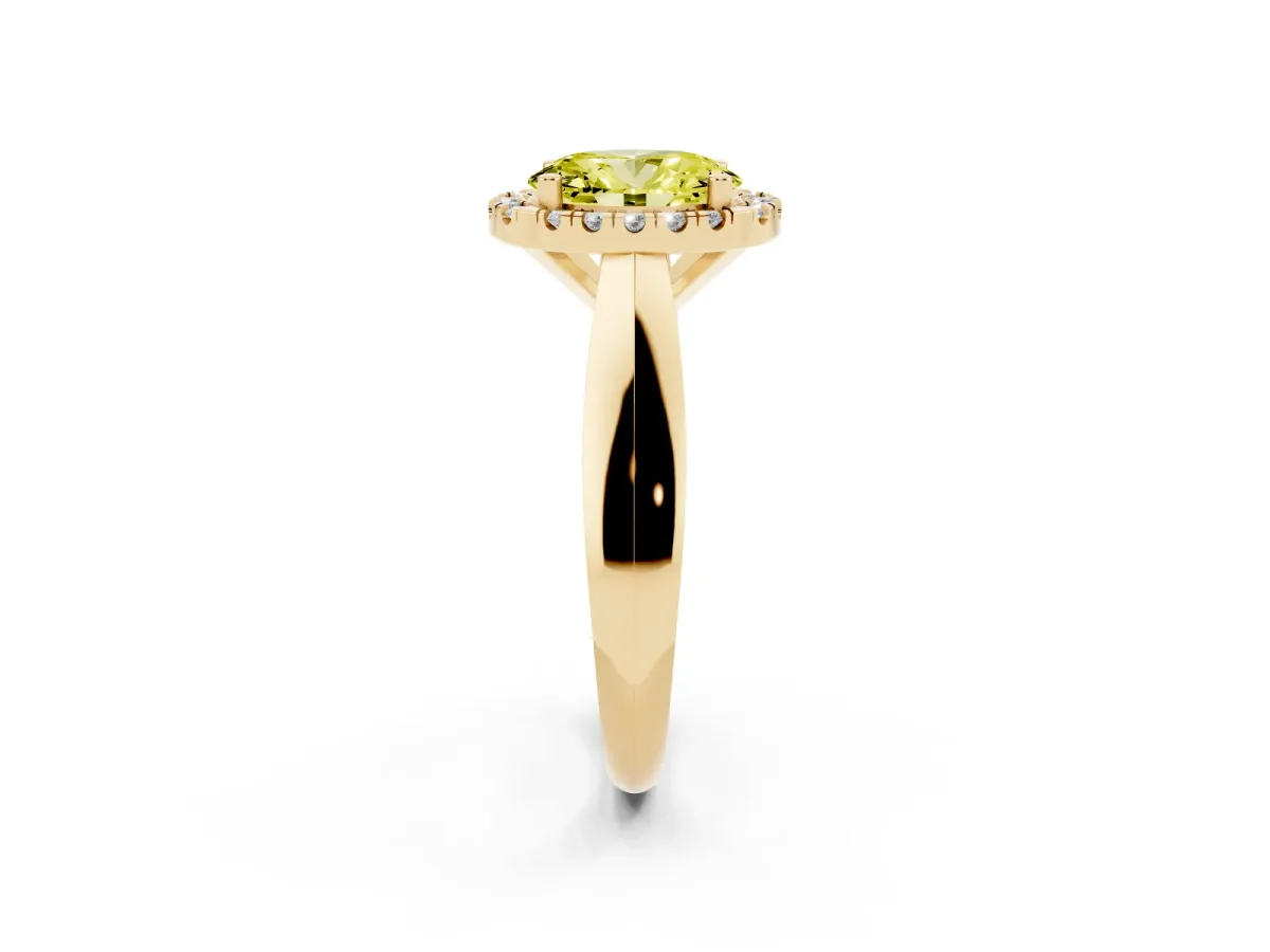 Fancy Yellow Oval Cut Cut Halo Solitaire Engagement Ring with Square Band and Four-Prong Setting Yellow gold