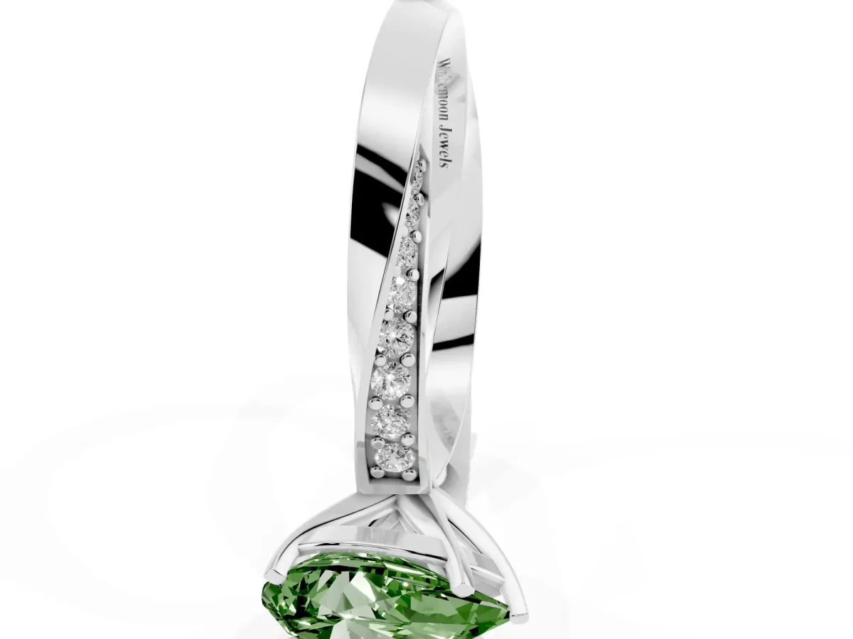 Fancy Green Pear Cut Diamond Engagement Ring with Side Stone Accents and Four-Prong Setting Platinum