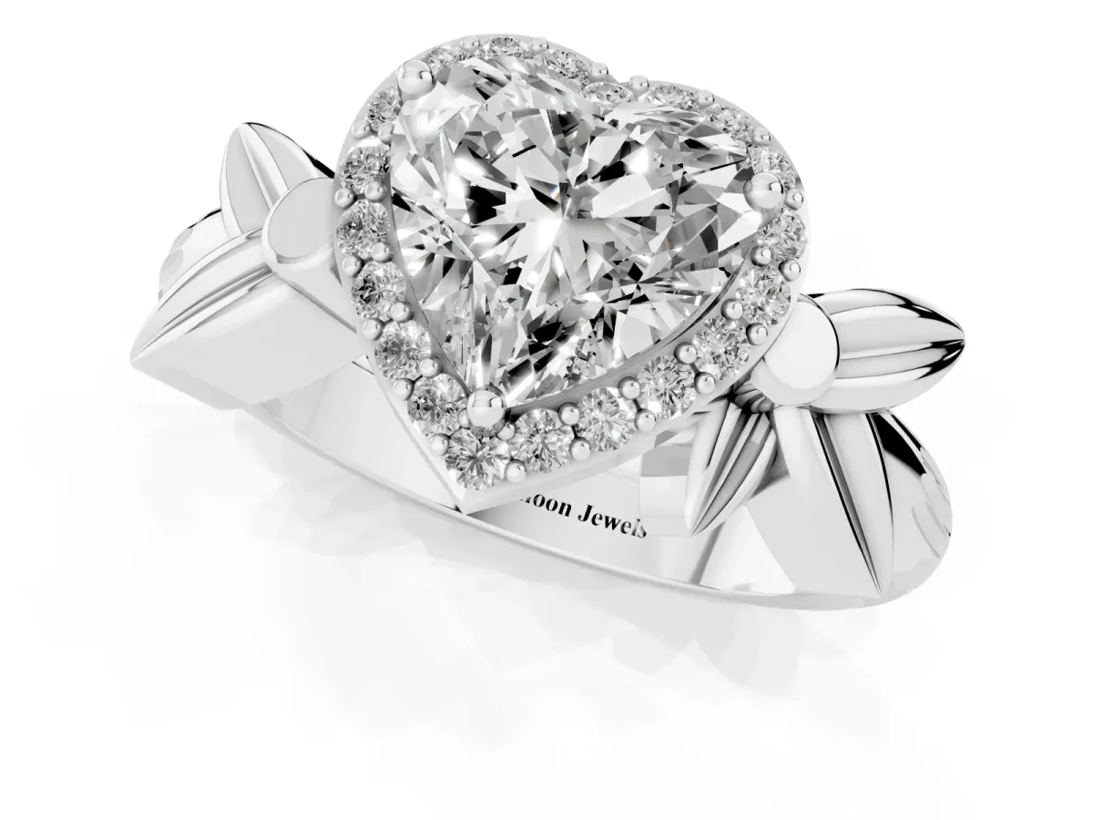 Heart Cut Halo Diamond Floral Band with Four-Prong Setting White gold