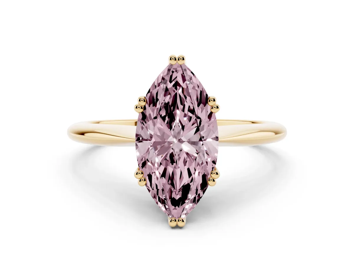 Fancy Pink Marquise Cut Solitaire Diamond Ring with Six-Prong Setting and Classic Band Yellow gold