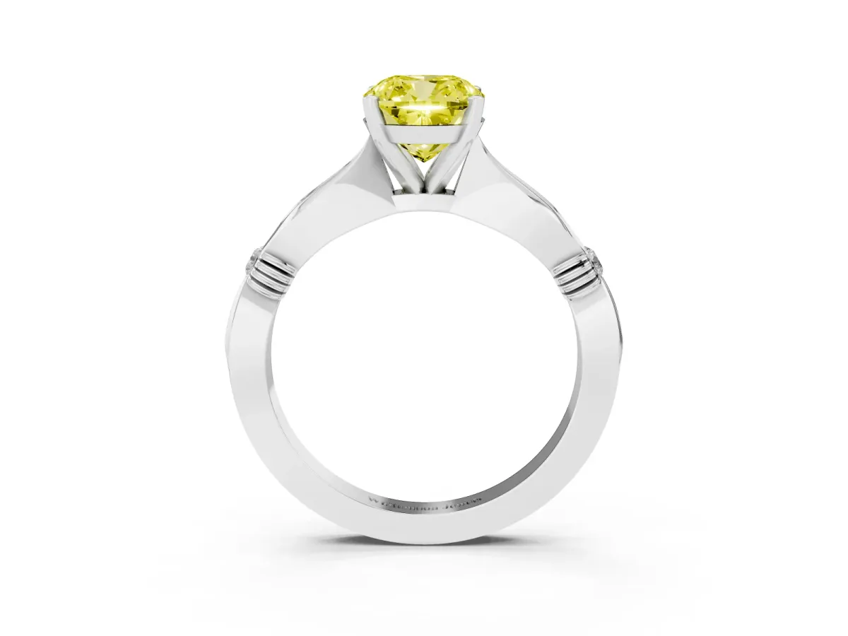 Fancy Yellow Cushion Cut Solitaire Diamond Twisted Band with Four-Prong Setting Silver