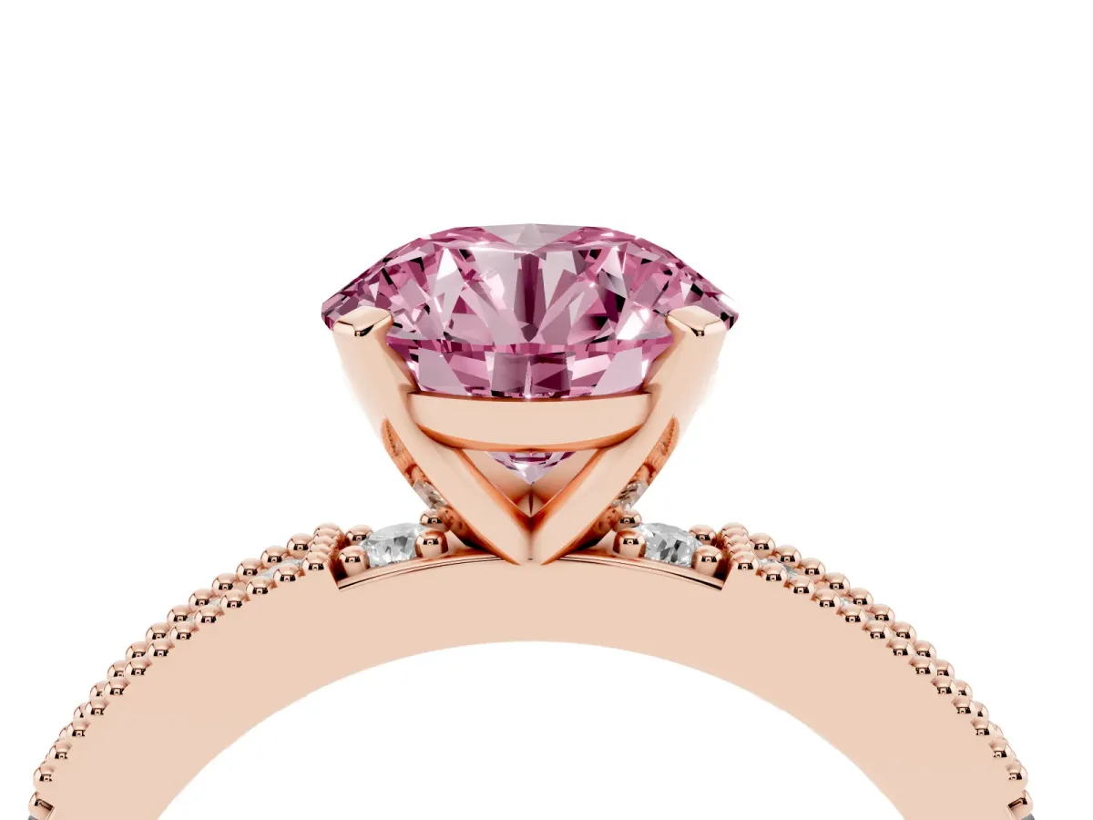 Fancy Pink Round Cut Solitaire with Pavé Band and Four-Prong Setting Rose gold