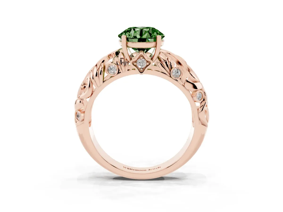 Fancy Green Round Cut Solitaire Diamond Leaf-Inspired Vine Band Ring with Prong Setting Rose gold