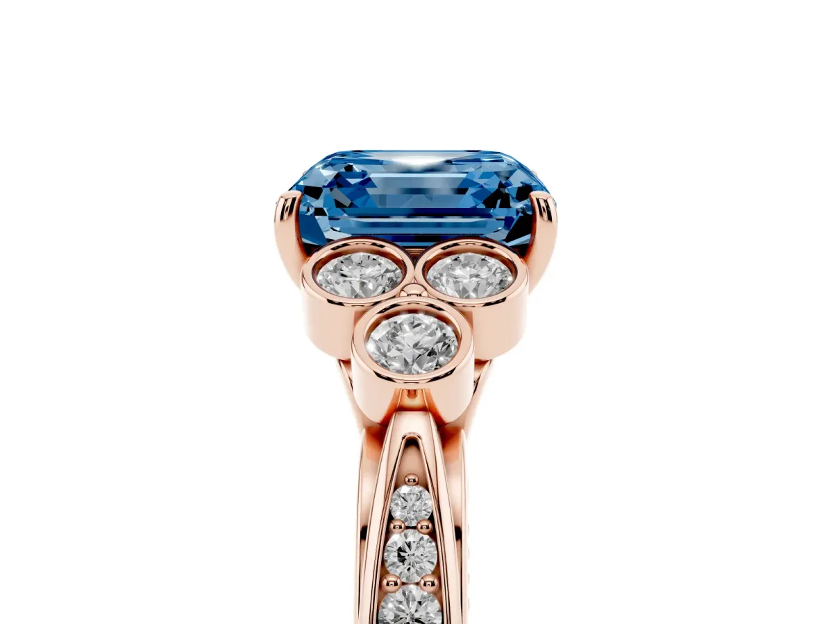 Fancy Blue Asscher Cut Cut Diamond Engagement Ring with Bezel Set Round Side Stones and Prong Setting Rose gold