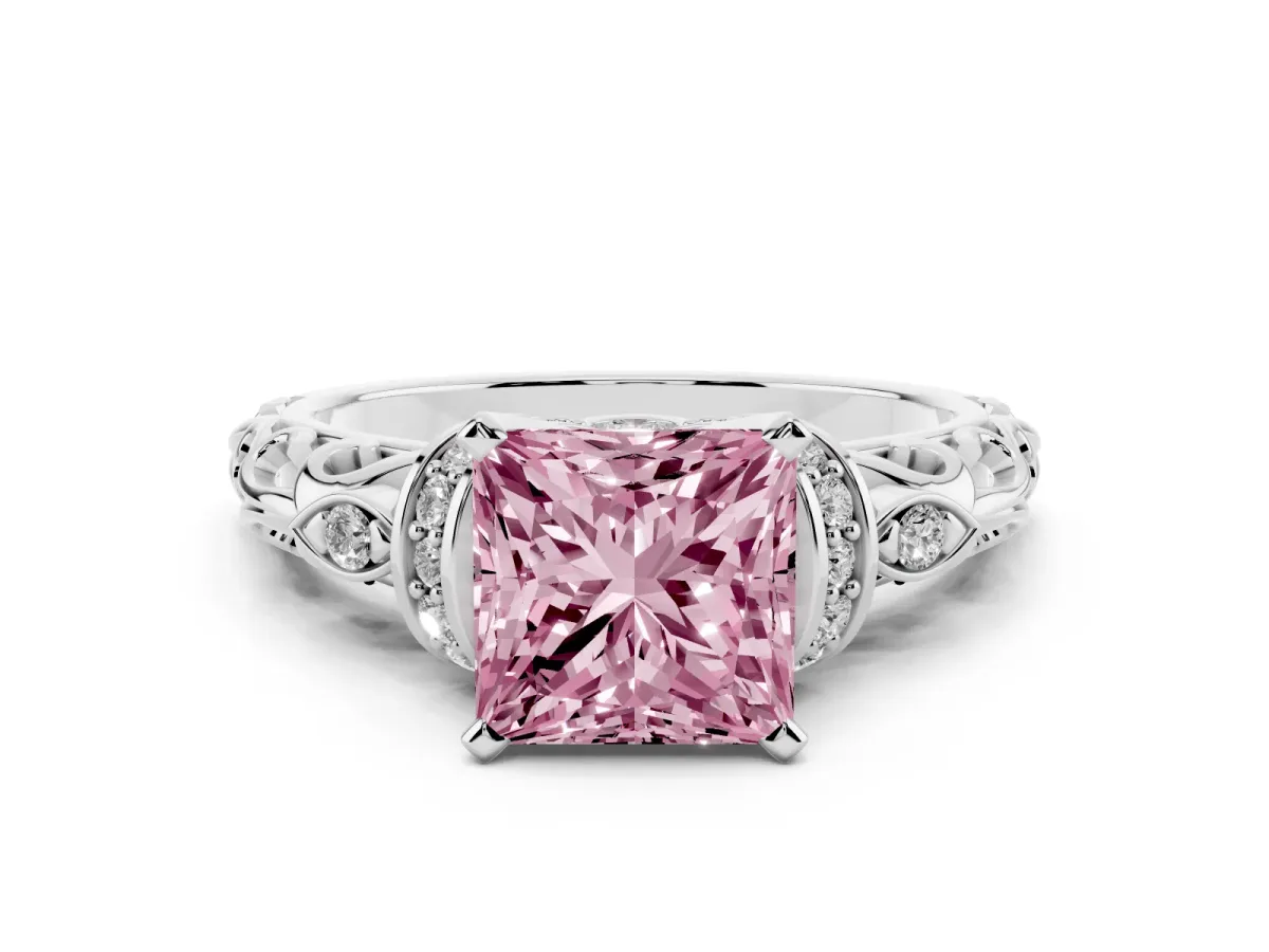 Fancy Pink Princess Cut Diamond Solitaire Ring with Filigree Band and Four-Prong Setting Silver