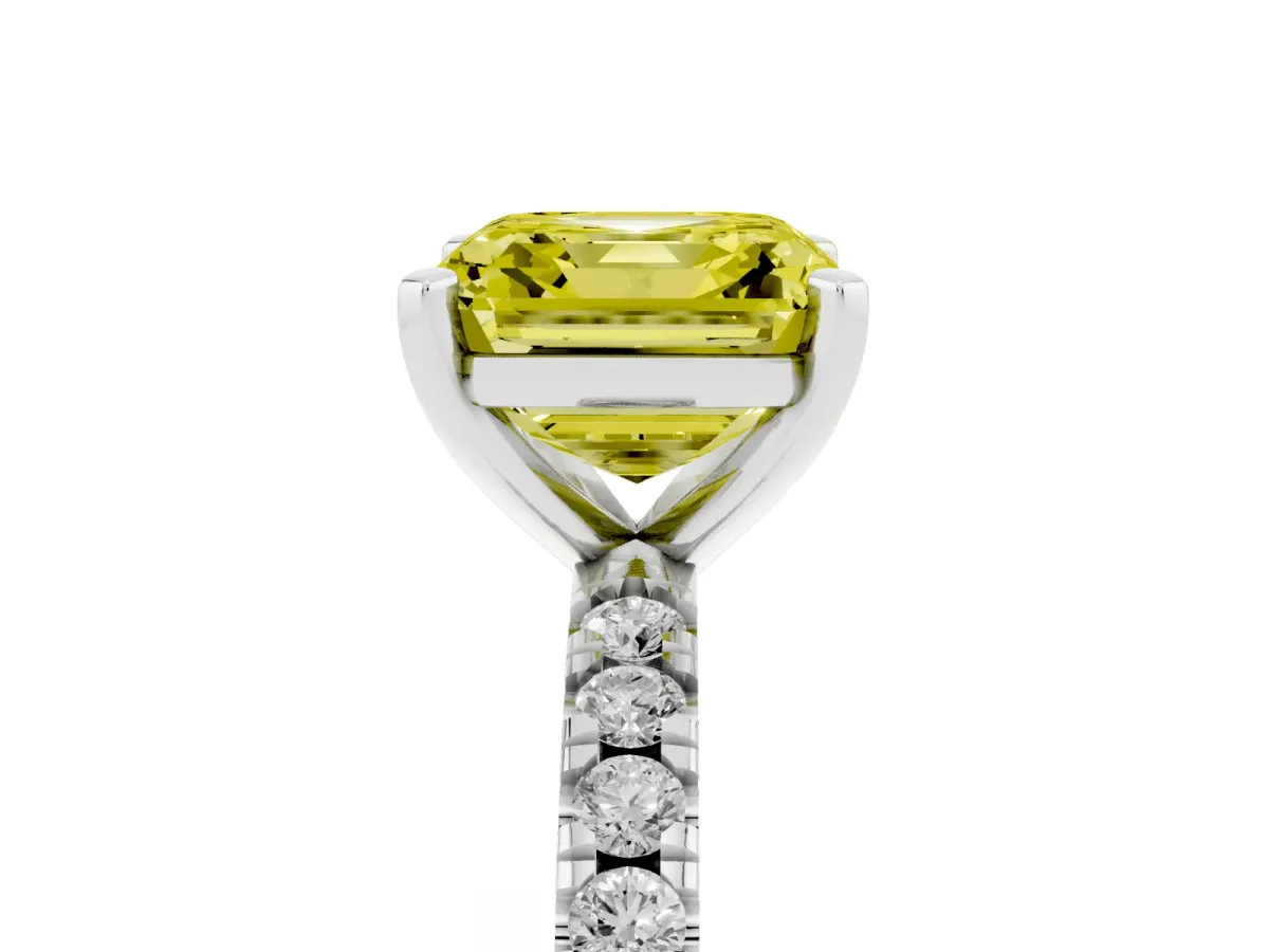 Fancy Yellow Asscher Cut Diamond Pavé Band Solitaire with Four-Prong Setting Silver