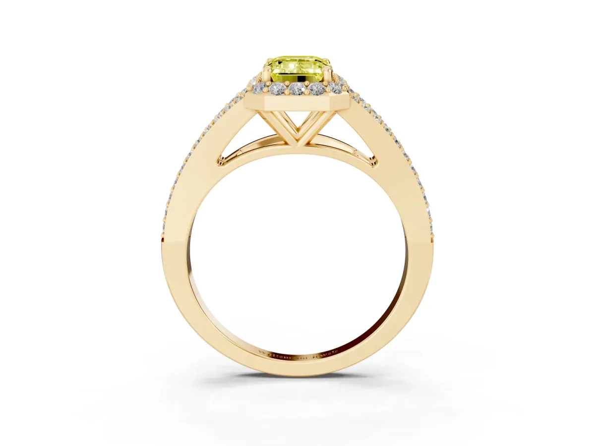 Fancy Yellow Emerald Cut Halo Split Shank Pave Diamond Ring with Four-Prong Setting Yellow gold