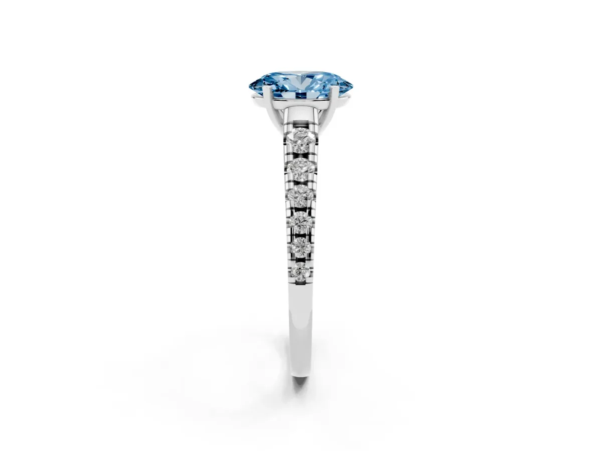Fancy Blue Oval Cut Diamond Cathedral Solitaire Ring with Round Pavé Band Silver