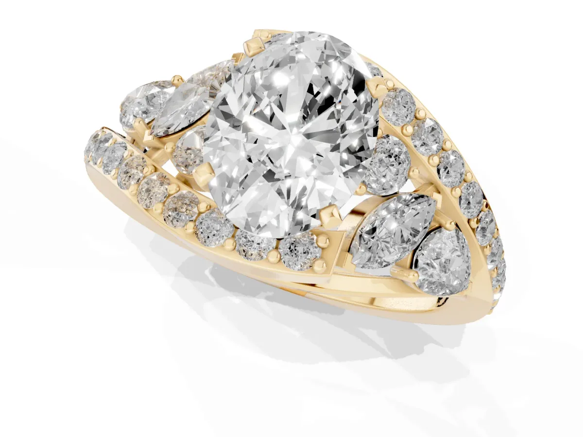 Oval Cut Diamond Halo Ring with Marquise and Pavé Band in Prong Setting Yellow gold