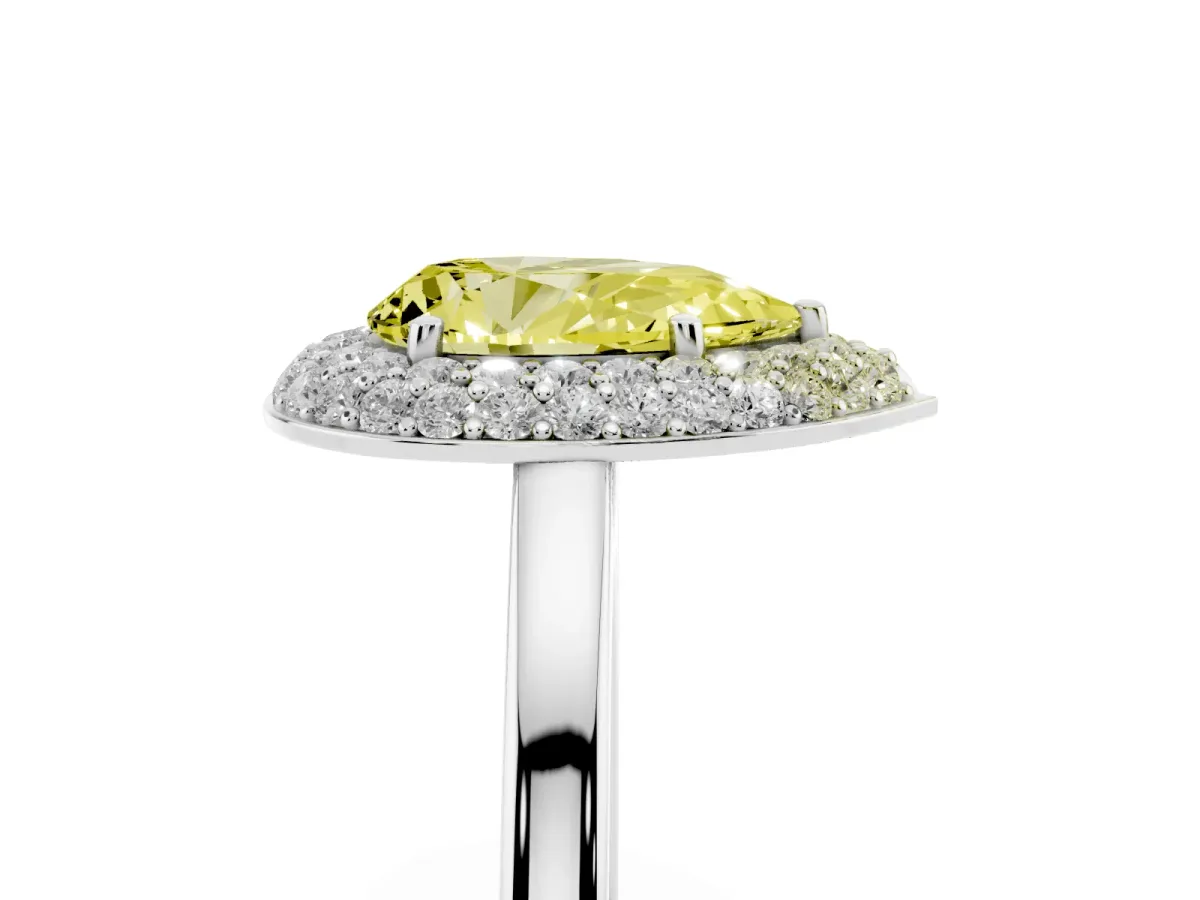 Fancy Yellow Pear Cut Halo Diamond Engagement Ring with Solitaire Band and Four-Prong Setting White gold
