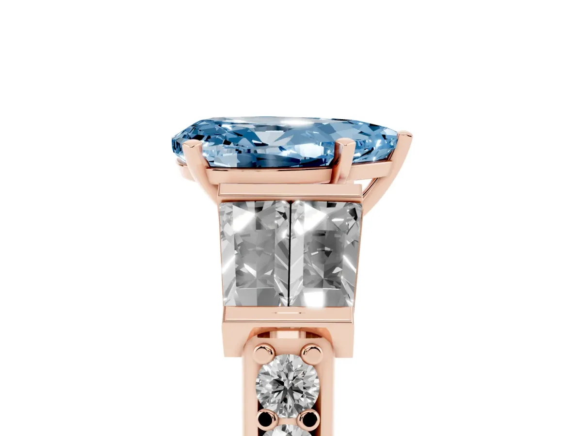 Fancy Blue Pear Cut Diamond Engagement Ring with Baguette Side Stones and Channel Set Band Rose gold
