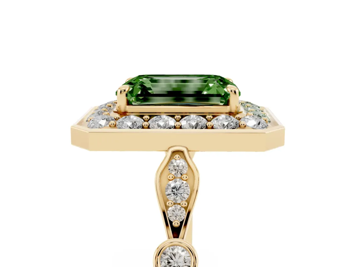 Fancy Green Emerald Cut Halo Diamond Engagement Ring with Twisted Band and Four-Prong Setting Yellow gold