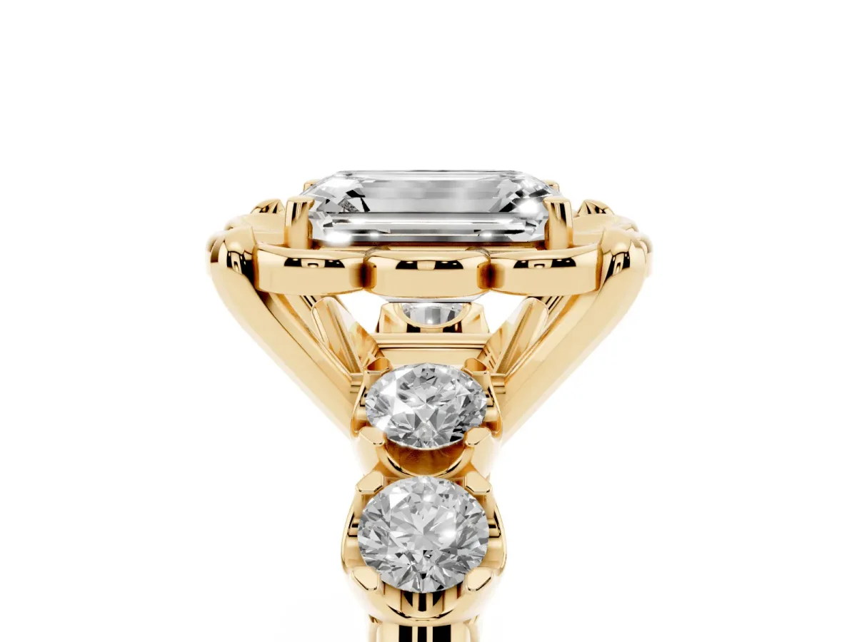 Emerald Cut Cut Diamond Floral Halo Engagement Ring with Shared Prong Setting Yellow gold