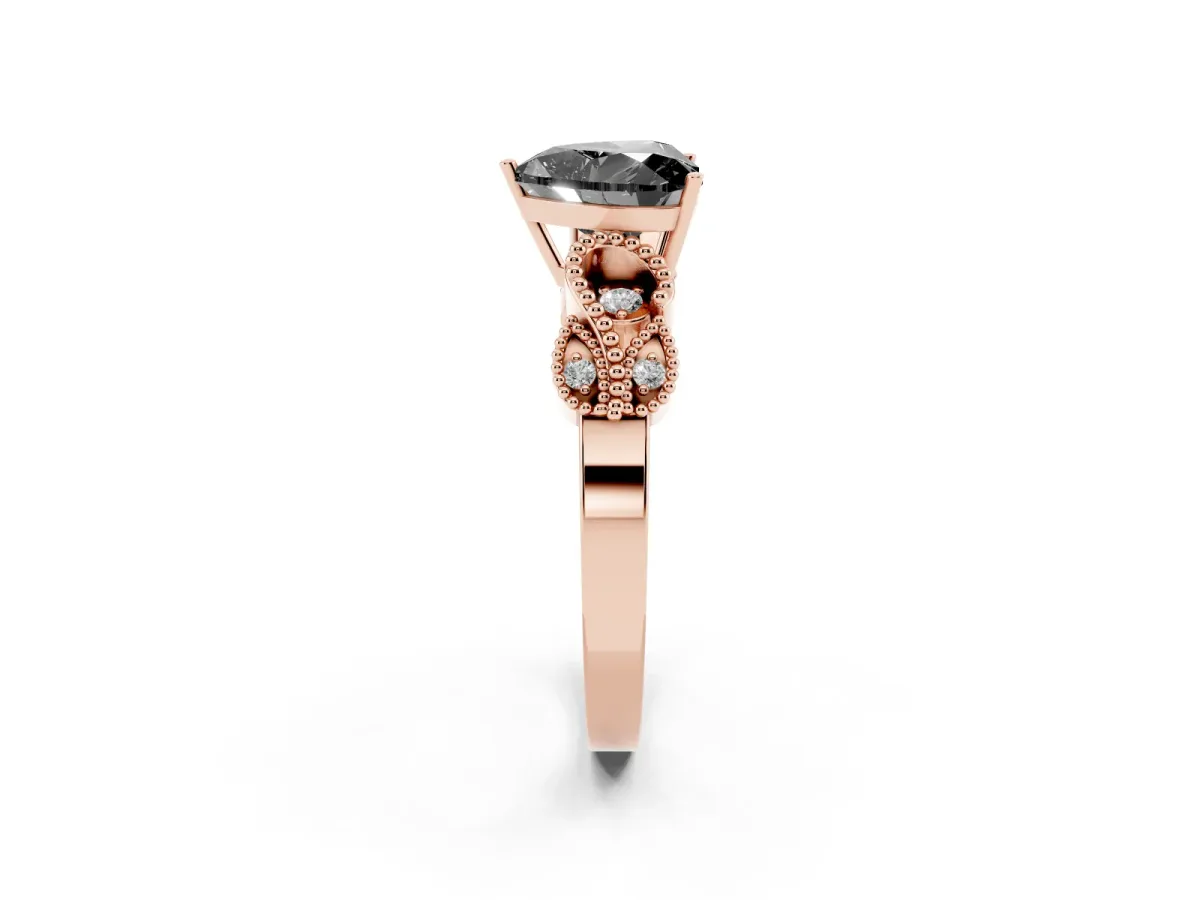 Fancy Black Heart Cut Solitaire Milgrain Leaf Band with Prong Setting Rose gold