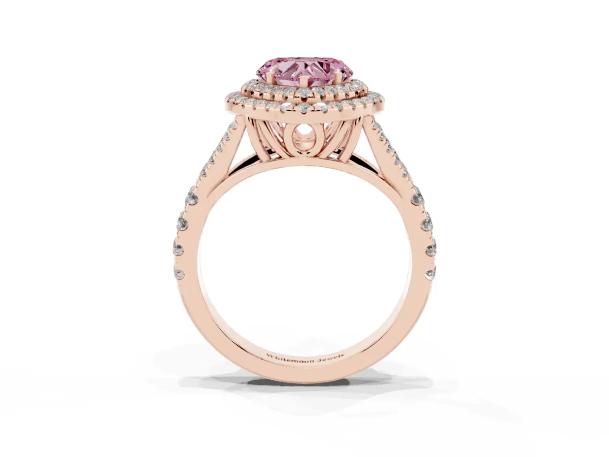 Fancy Pink Double Halo Heart Cut Diamond Split Shank Engagement Ring with Four-Prong Setting Rose gold