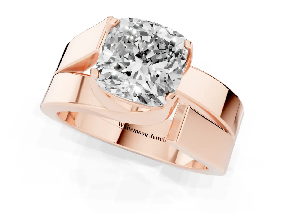 Modern Tension Set Cushion Cut Diamond Solitaire Wide Band Ring Rose gold