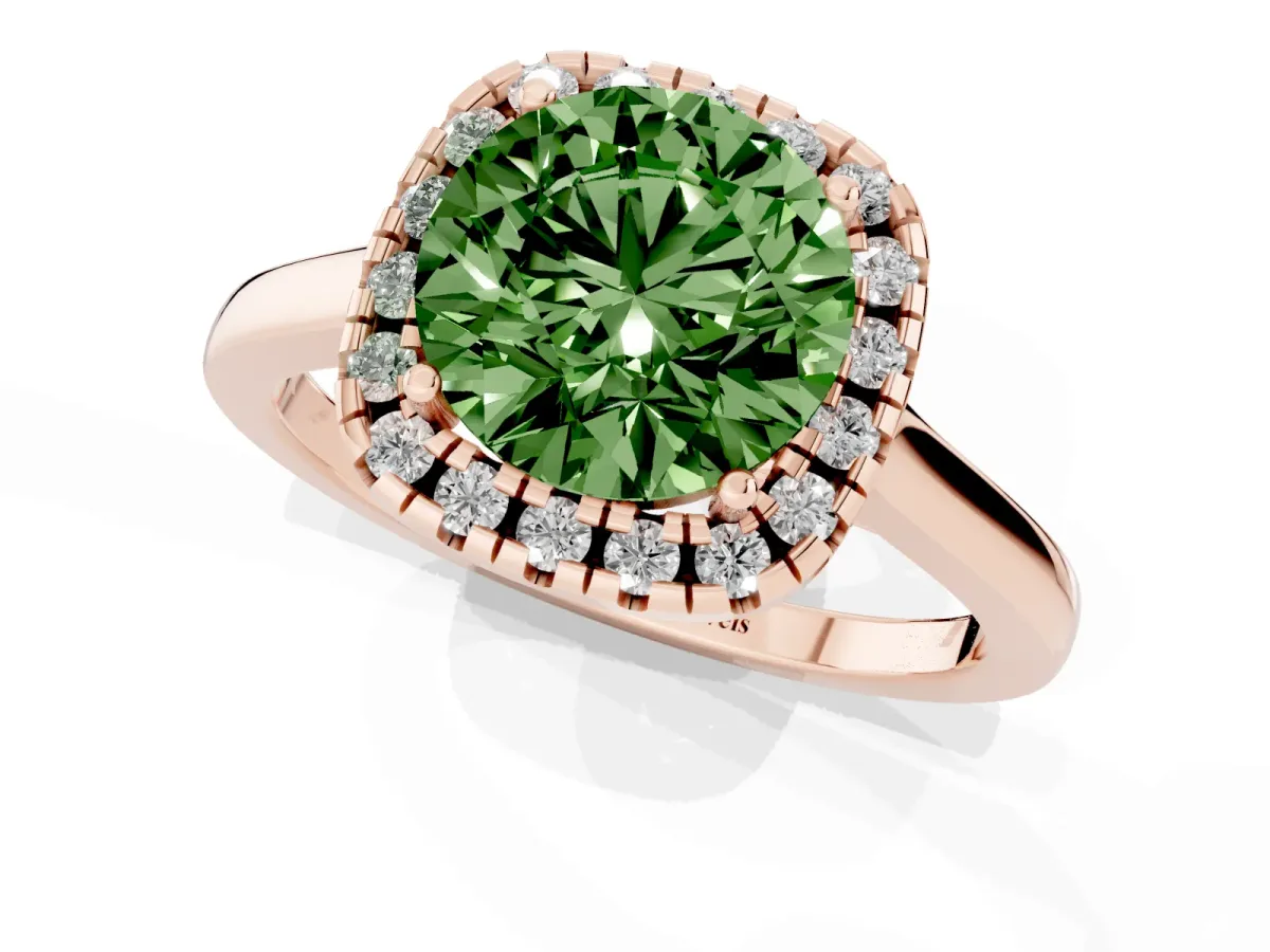 Fancy Green Round Cut Halo Round Diamond Solitaire Ring with Pavé Band and Four-Prong Setting Rose gold