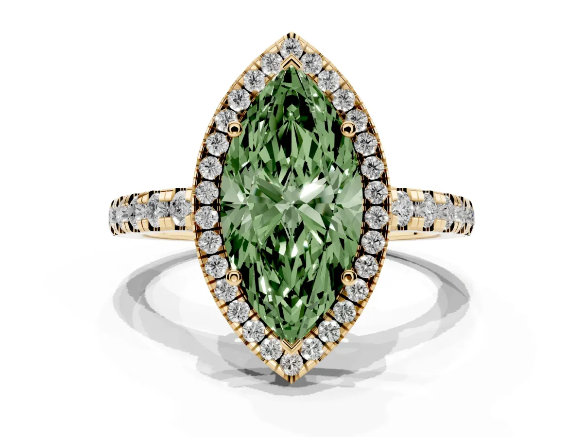 Fancy Green Marquise Cut Diamond Halo Ring with Pavé Band and Four-Prong Setting Yellow gold