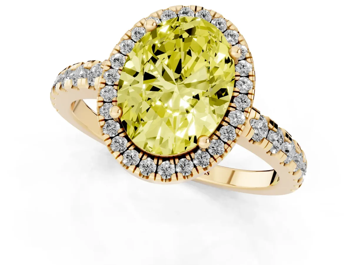 Fancy Yellow Oval Cut Diamond Halo Ring with Pavé Band and Four-Prong Setting Yellow gold