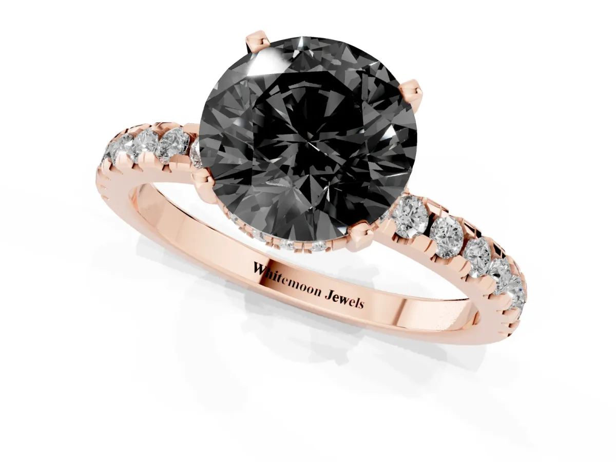 Fancy Black Round Cut Diamond Solitaire Ring with Round Pavé Band and Four-Prong Setting Rose gold