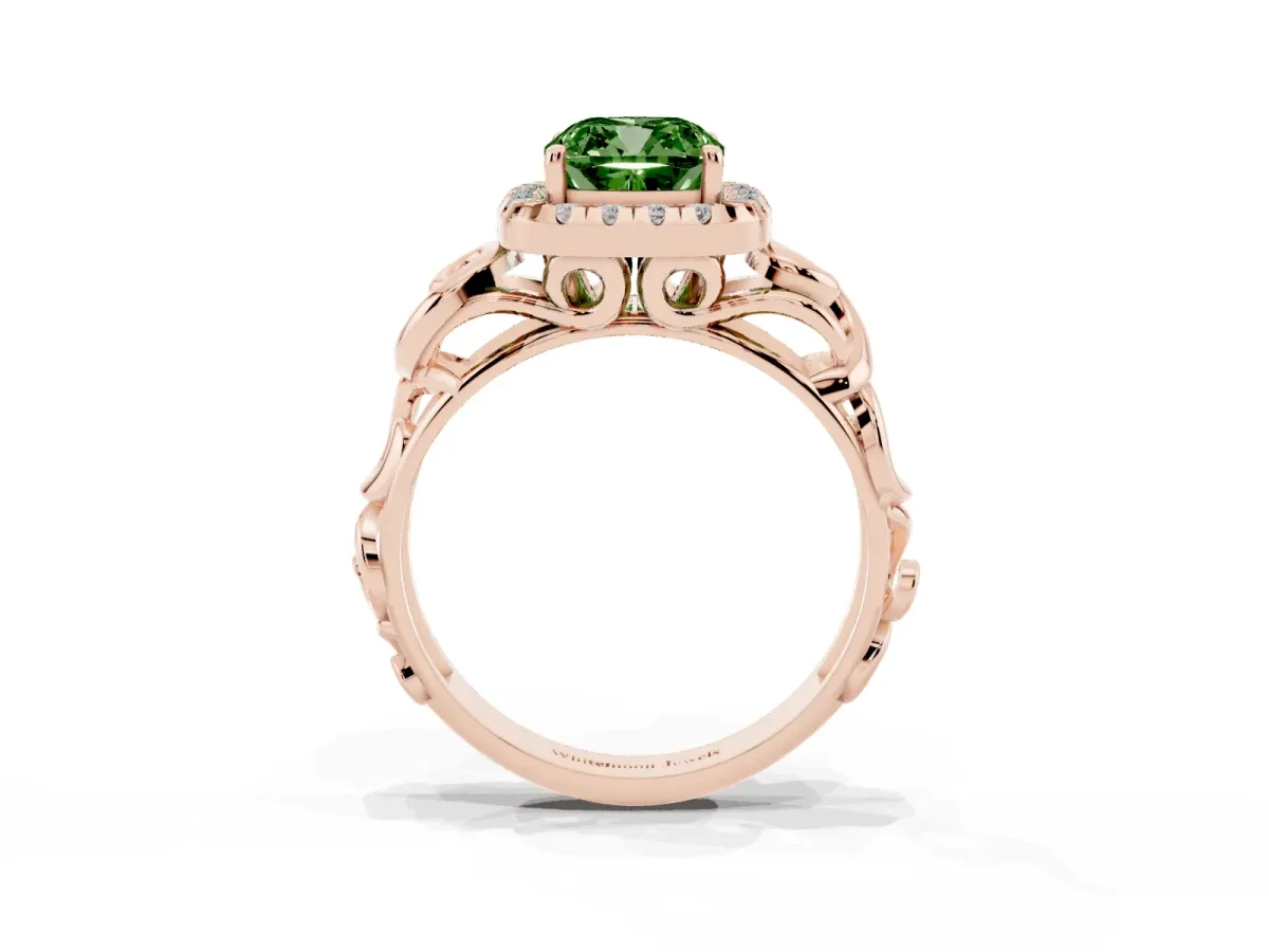 Fancy Green Cushion Cut Cut Halo Diamond Ring with Scrollwork Band and Four-Prong Setting Rose gold