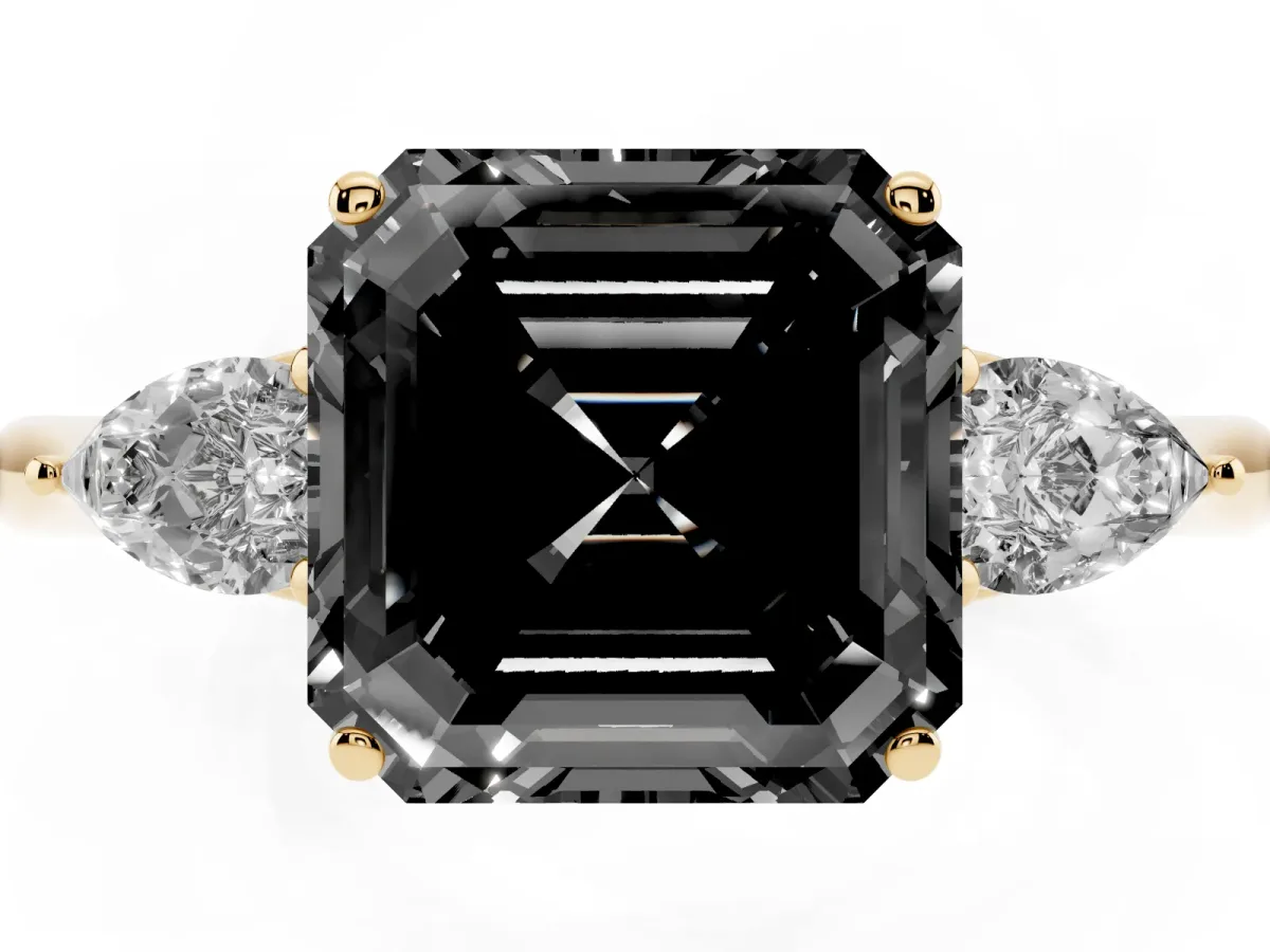 Fancy Black Asscher Cut Diamond Three-Stone Ring with Pear Side Stones and Prong Setting Yellow gold