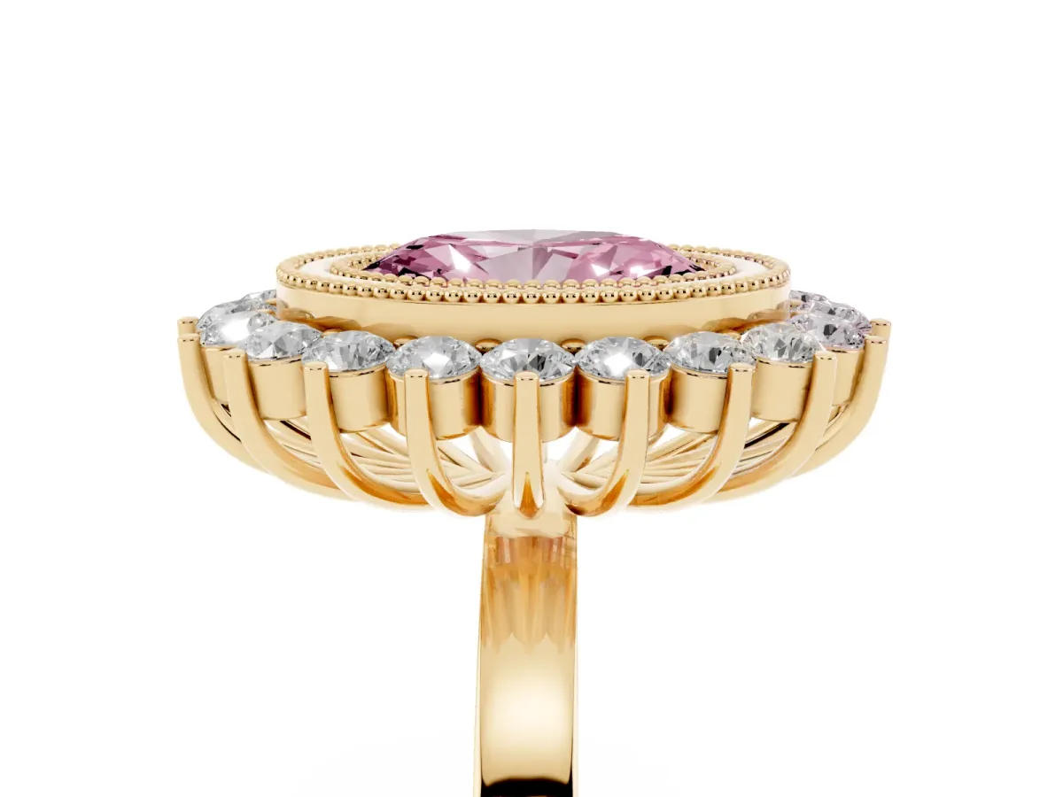 Fancy Pink Oval Cut Halo Diamond Ring with Milgrain Edge and Round Prong Setting Yellow gold