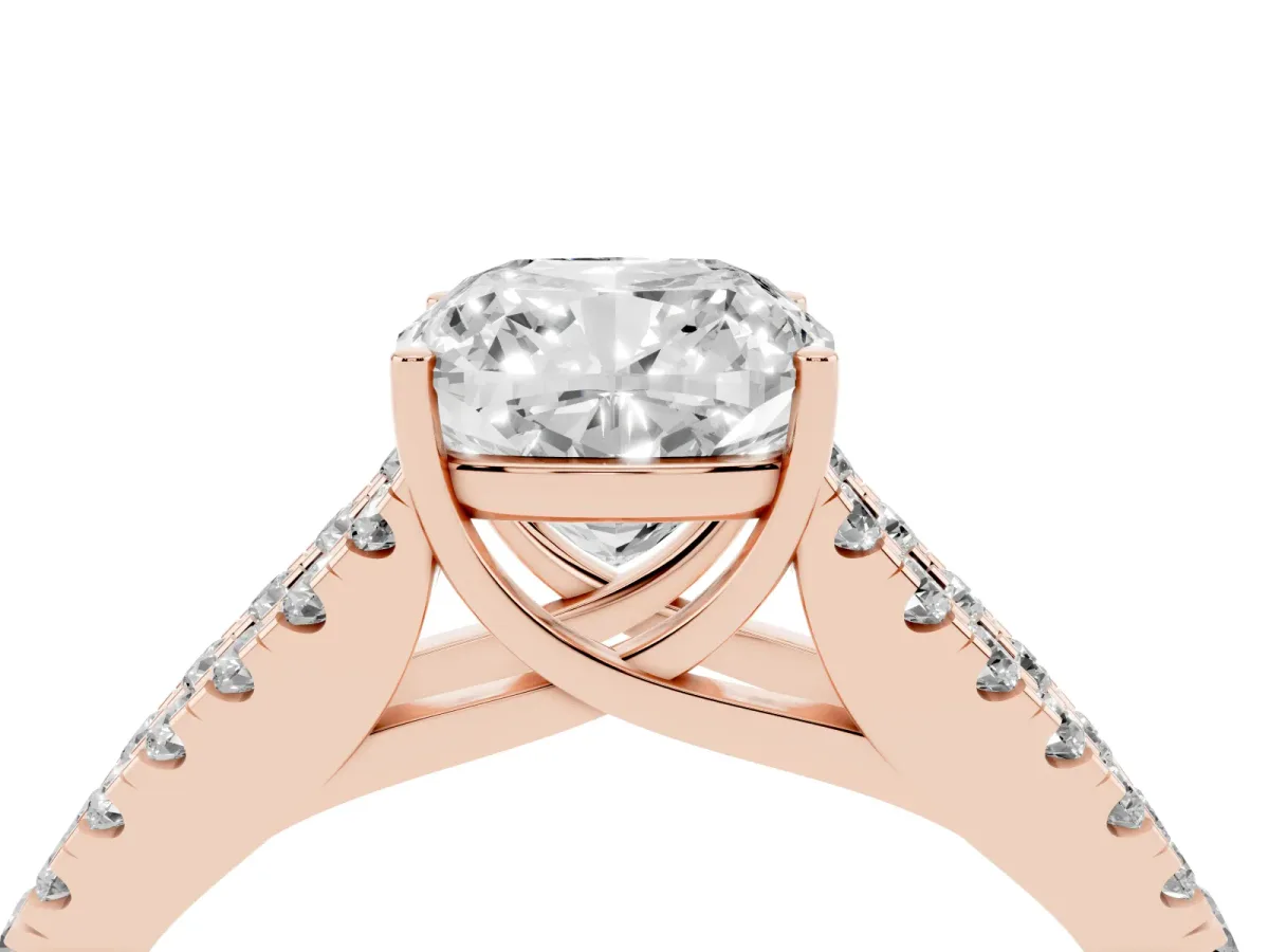 Cushion Cut Diamond Split Shank Pavé Engagement Ring with Four-Prong Setting Rose gold