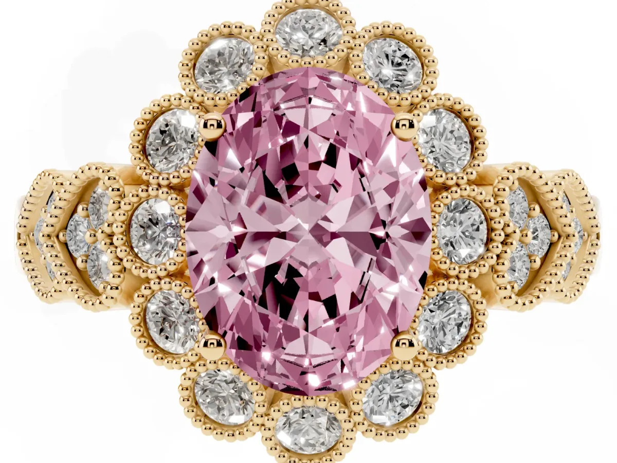 Fancy Pink Oval Cut Brilliant Milgrain Pave Heart Band Solitaire Ring Yellow gold