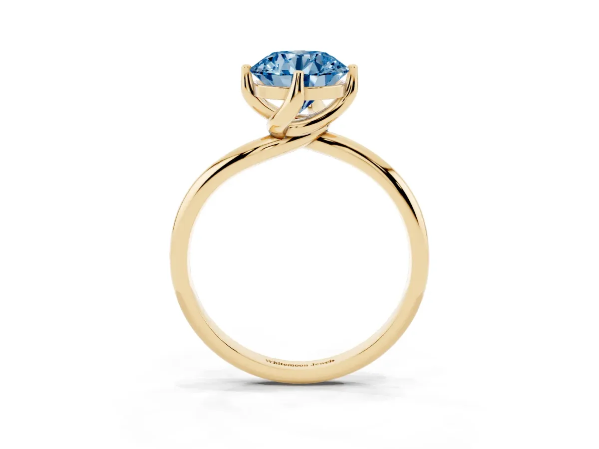 Fancy Blue Round Cut Diamond Solitaire Engagement Ring with Four-Prong Setting and Classic Band Yellow gold