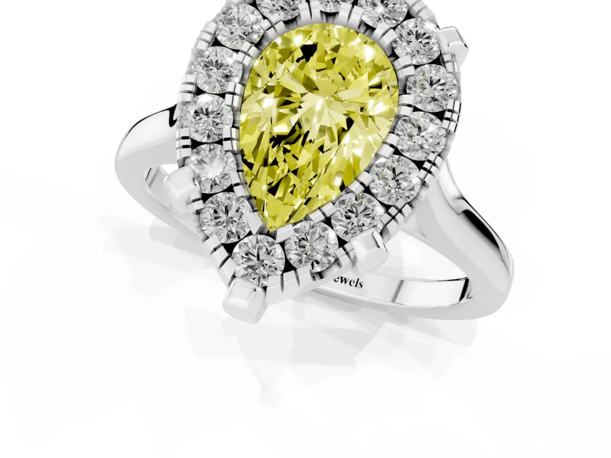 Fancy Yellow Pear Cut Diamond Cluster Halo Solitaire with Four-Prong Setting Silver