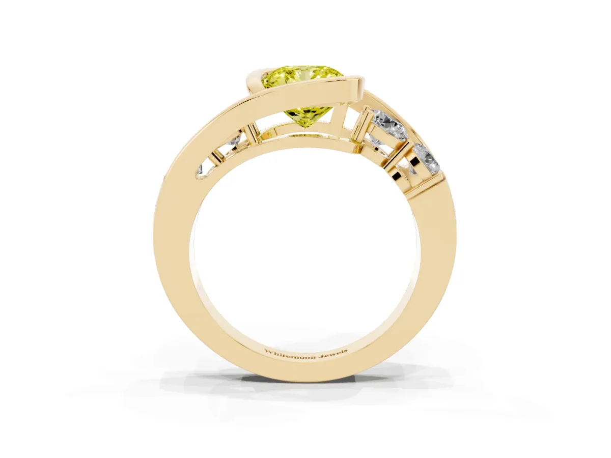 Fancy Yellow Bezel Set Cushion Cut Diamond Bypass Ring with Round Accents Yellow gold