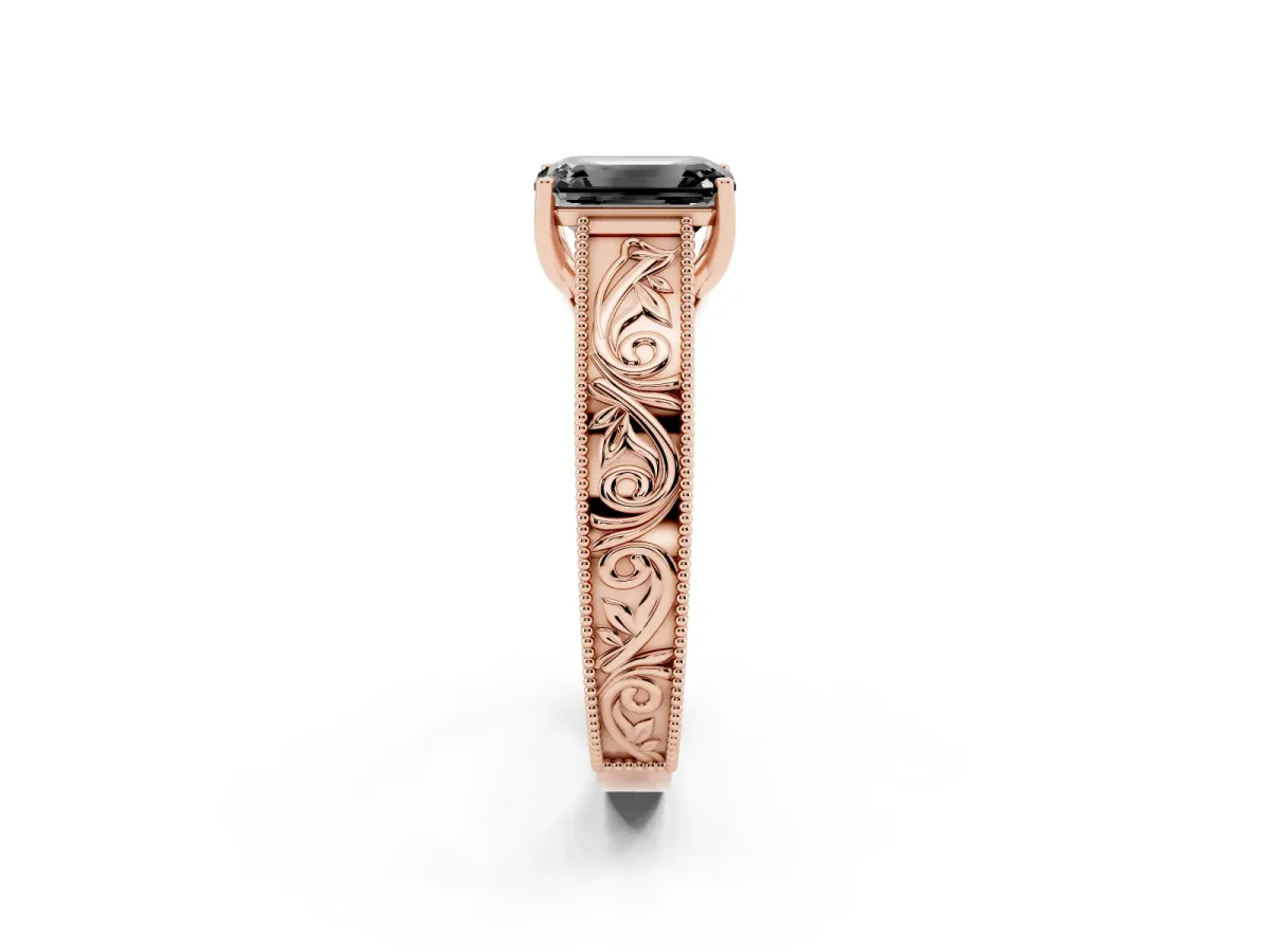 Fancy Black Emerald Cut Diamond Solitaire Ring with Engraved Band and Four-Prong Setting Rose gold