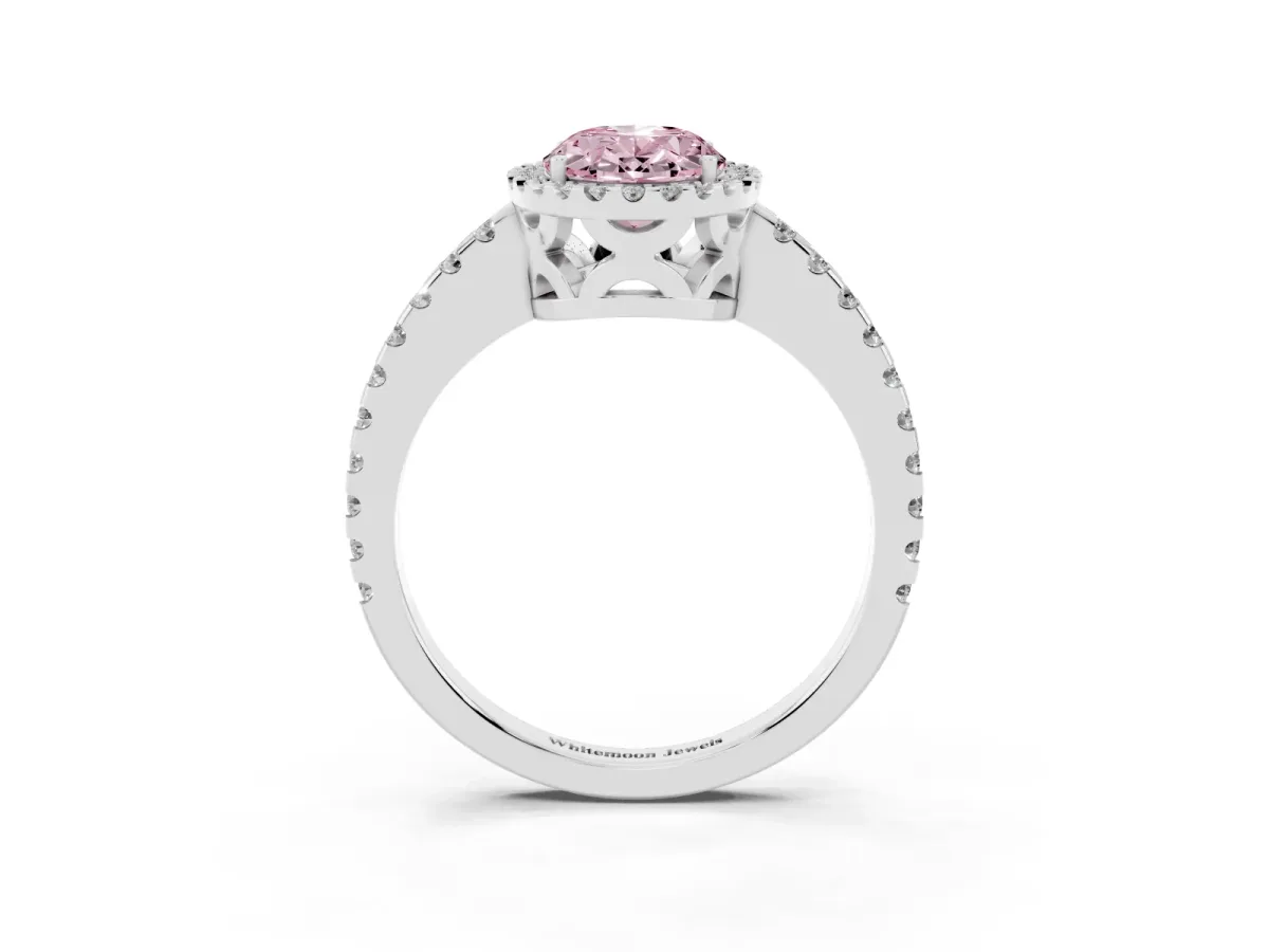 Fancy Pink Oval Cut Diamond Halo Engagement Ring with Pavé Band and Prong Setting Platinum