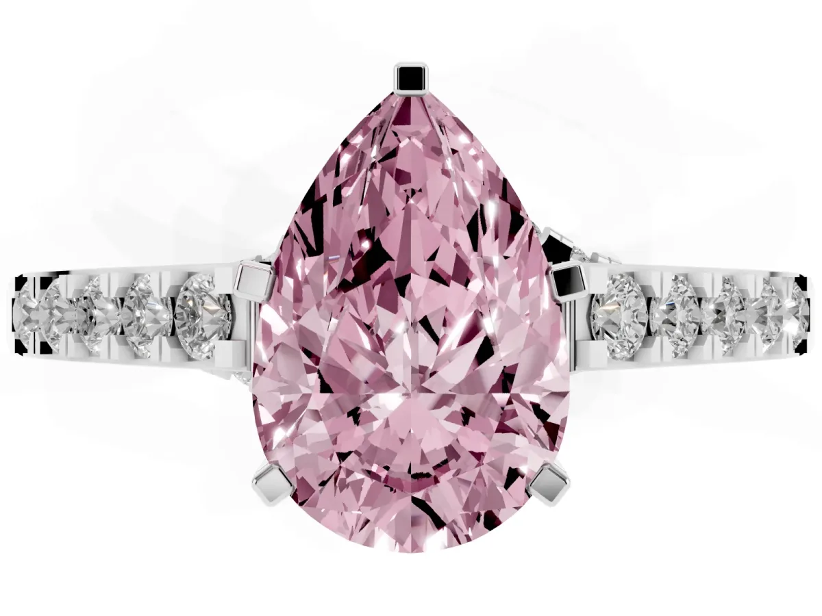 Fancy Pink Pear Cut Diamond Solitaire Ring with Crossover Gallery and Round Pavé Band Platinum