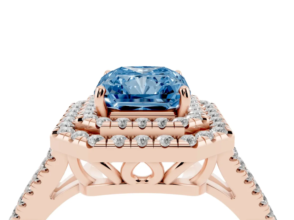 Fancy Blue Radiant Cut Diamond Double Halo Ring with Pavé Band and Prong Setting Rose gold
