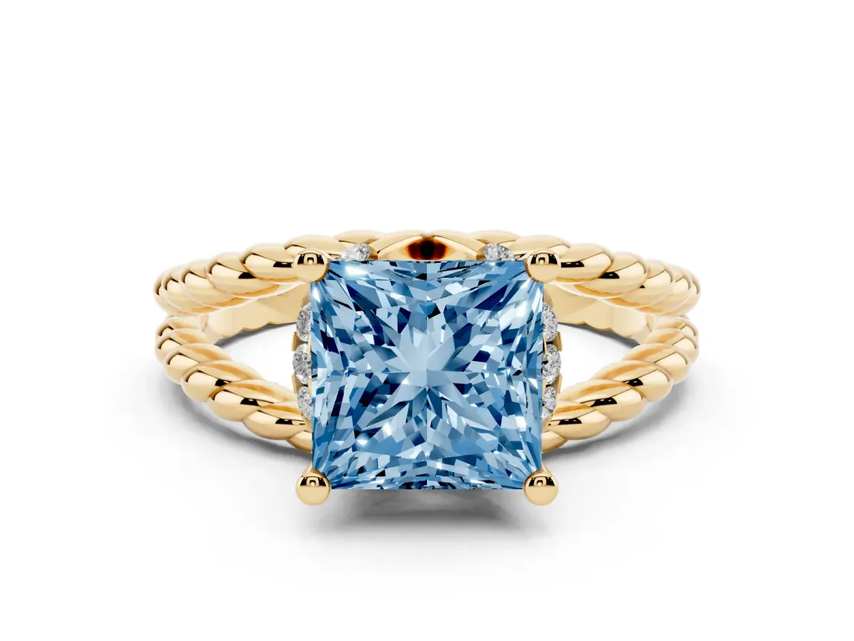 Fancy Blue Princess Cut Halo Twisted Band Four-Prong Ring Yellow gold