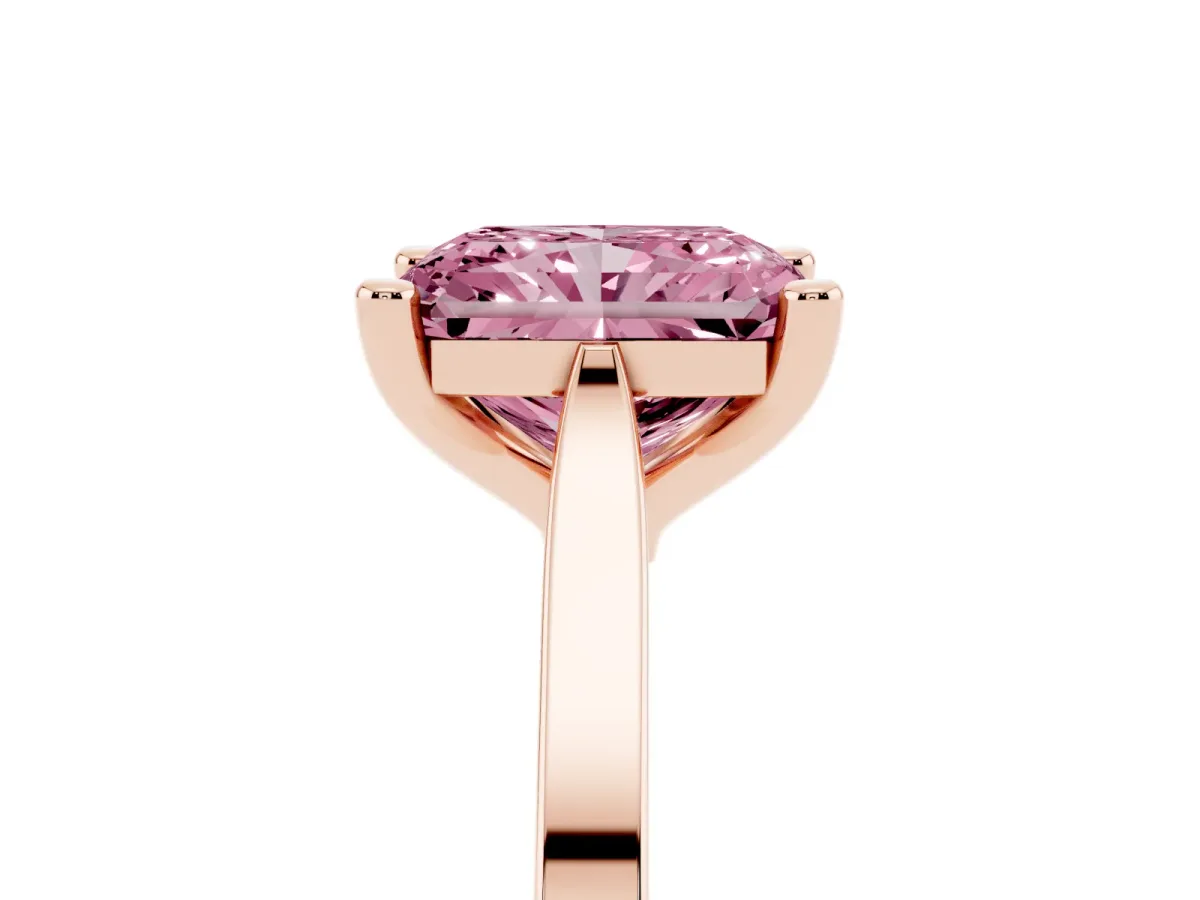 Fancy Pink Radiant Cut Solitaire Diamond Ring with Four-Prong Setting and Tapered Band Rose gold