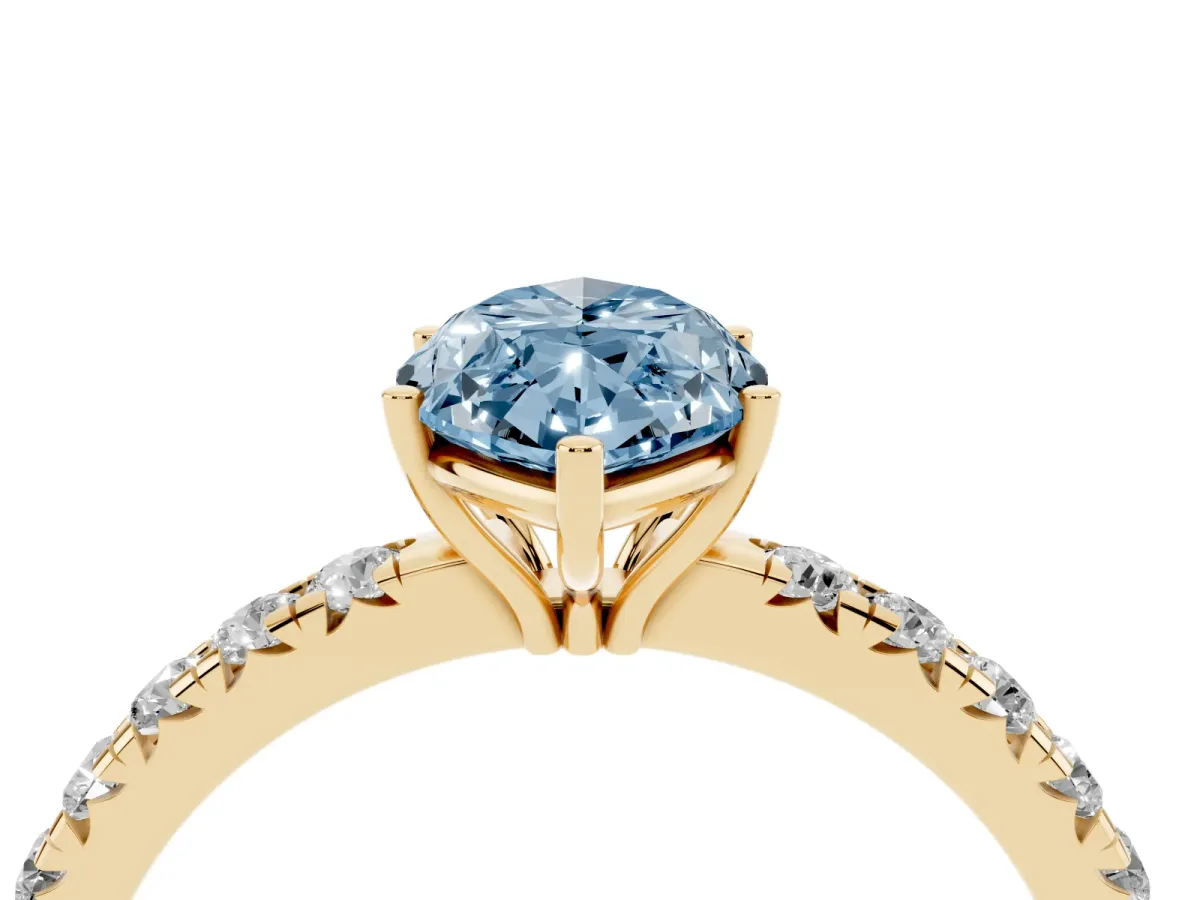 Fancy Blue Marquise Cut Diamond Pavé Solitaire Engagement Ring with Four-Prong Setting Yellow gold