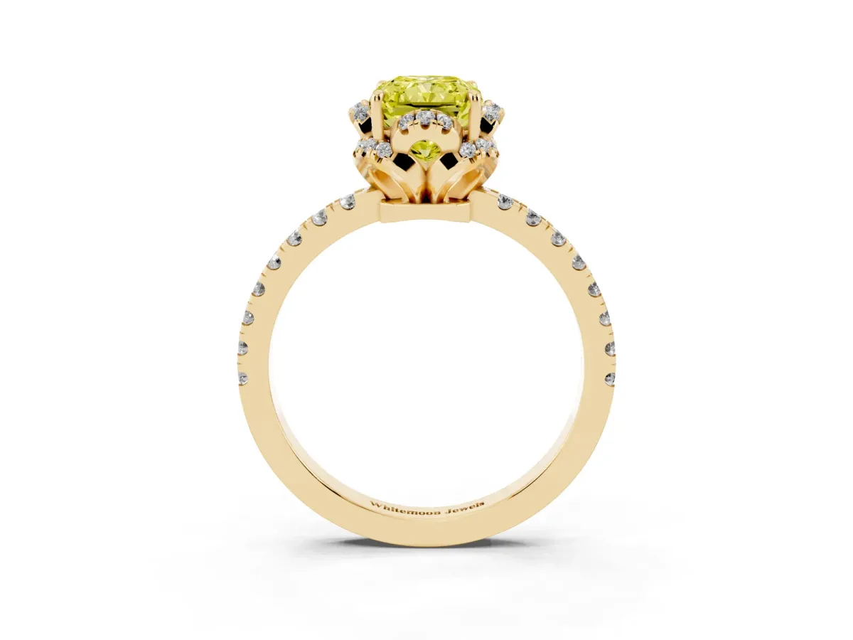 Fancy Yellow Radiant Cut Diamond Halo Pave Band with Four-Prong Setting Yellow gold