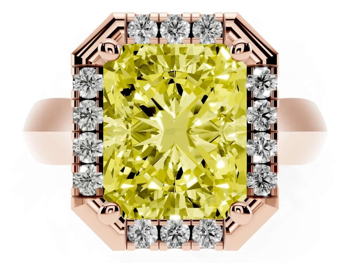 Fancy Yellow Radiant Cut Cut Halo Solitaire Engagement Ring with Square Band and Four-Prong Setting Rose gold