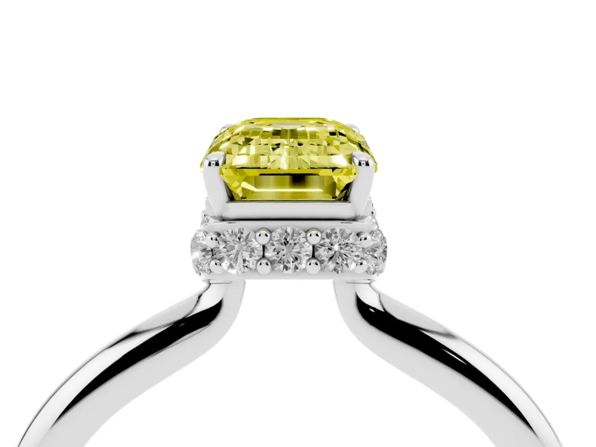 Fancy Yellow Emerald Cut Brilliant Solitaire Engagement Ring with Six-Prong Setting and Classic Band Platinum
